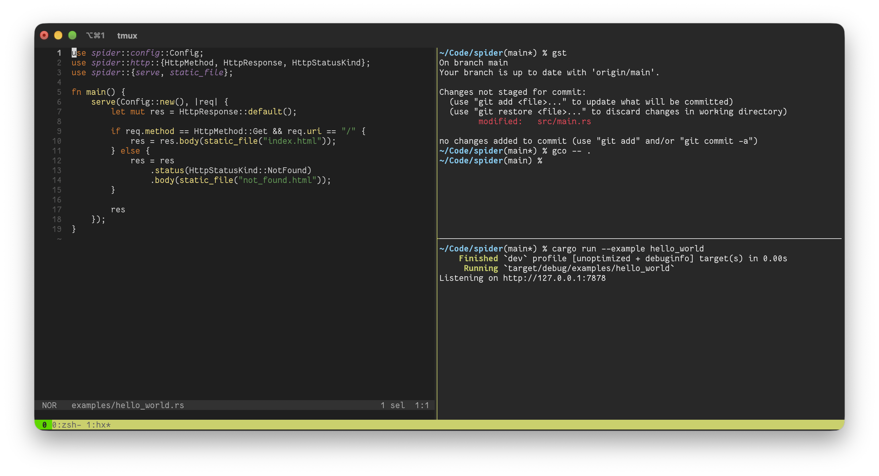 Screenshot of my Tmux setup showing Helix on the left and a two vertically stacked shells on the right