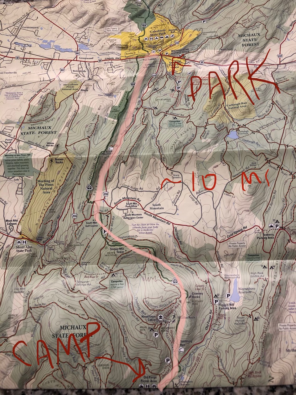 Photo of the Purple Lizard map of Michaux State Forest with some annotations