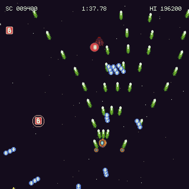 Gameplay of ship firing at enemies, dodging bullets, and releasing a bomb